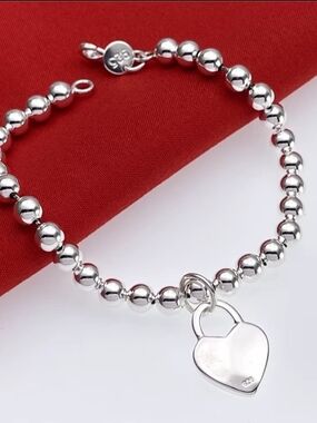 Sterling Silver Heart Padlock Bead Bracelet - Silver